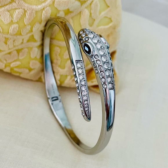 Stainless Steel hinged Silver Snake Bangle Bracelet adorned with crystals - Picture 1 of 6